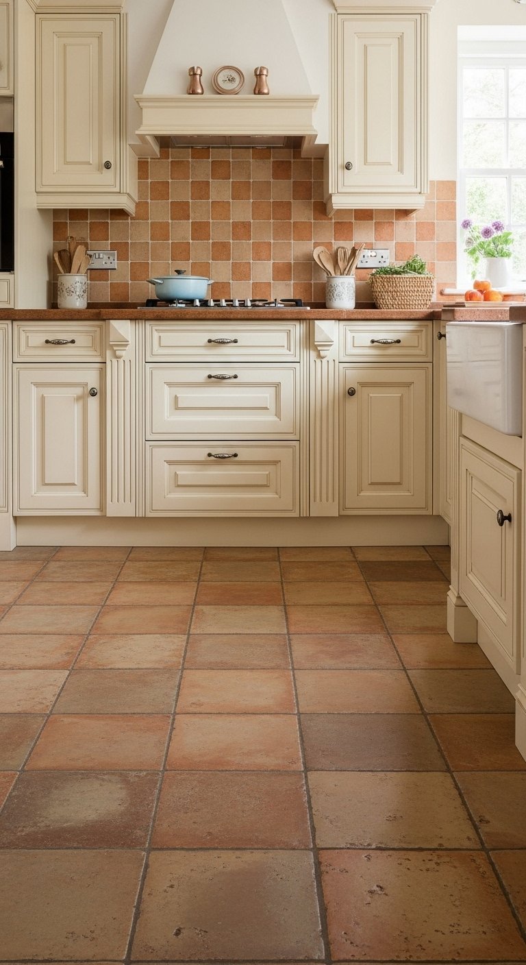 Carrelage de sol et credence en terracotta dans une cuisine rustique creme
