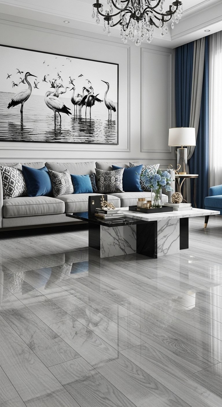 Carrelage gris brillant imitation bois dans un salon moderne avec accents bleus