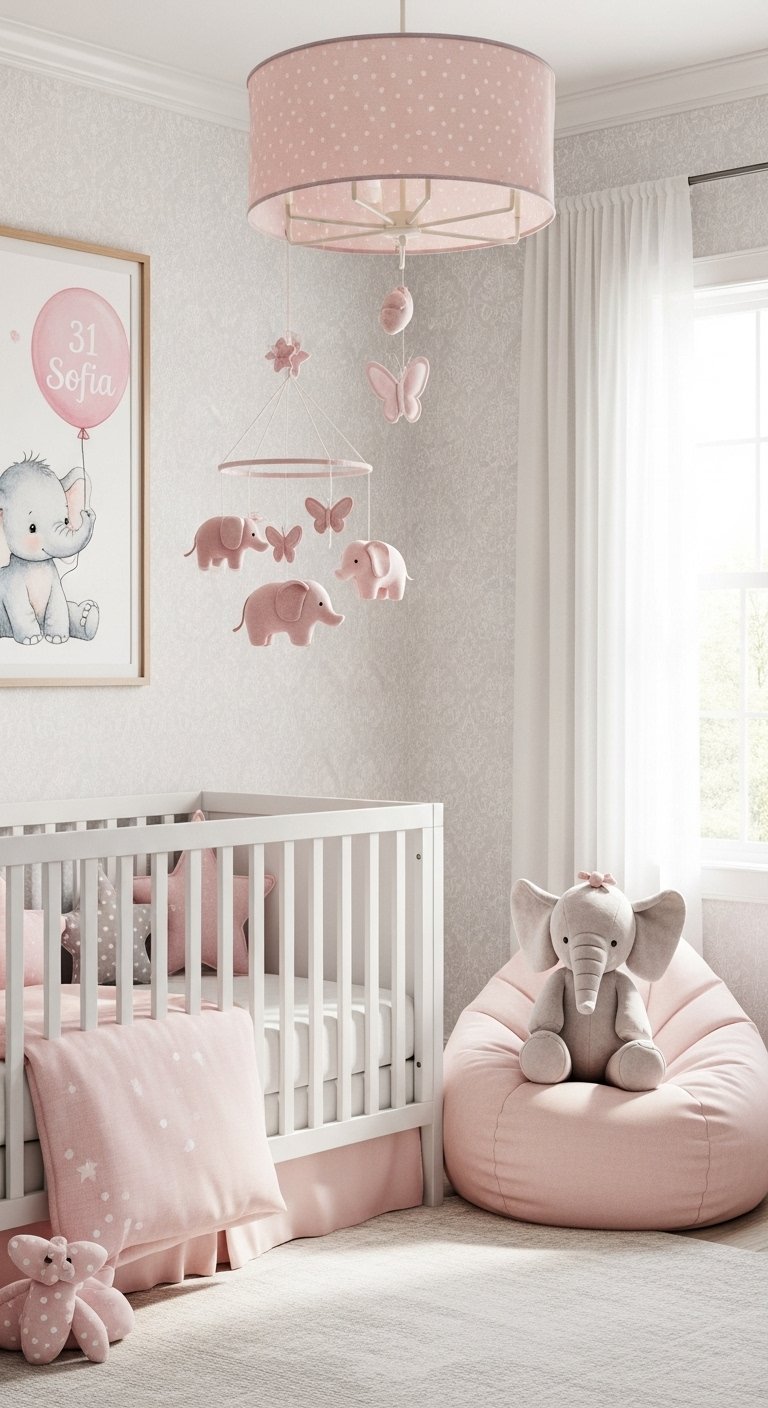 Chambre bébé rose avec mobile éléphants et cadre personnalisé