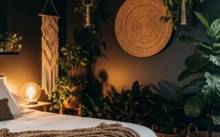 Chambre boheme sombre avec beaucoup de plantes et suspension en rotin