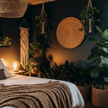 Chambre boheme sombre avec beaucoup de plantes et suspension en rotin