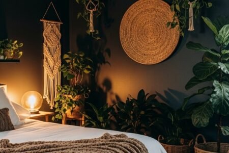 Chambre boheme sombre avec beaucoup de plantes et suspension en rotin