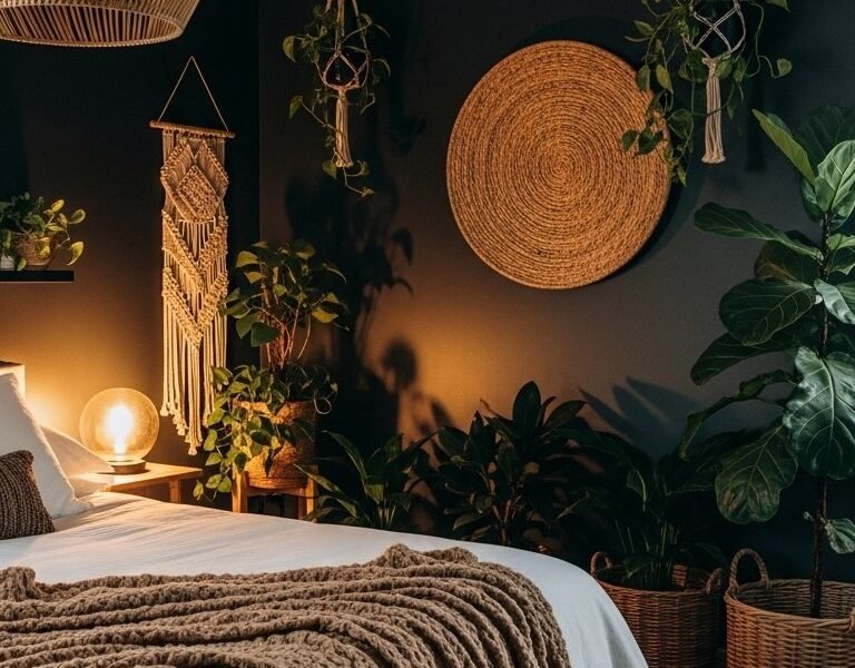 Chambre boheme sombre avec beaucoup de plantes et suspension en rotin