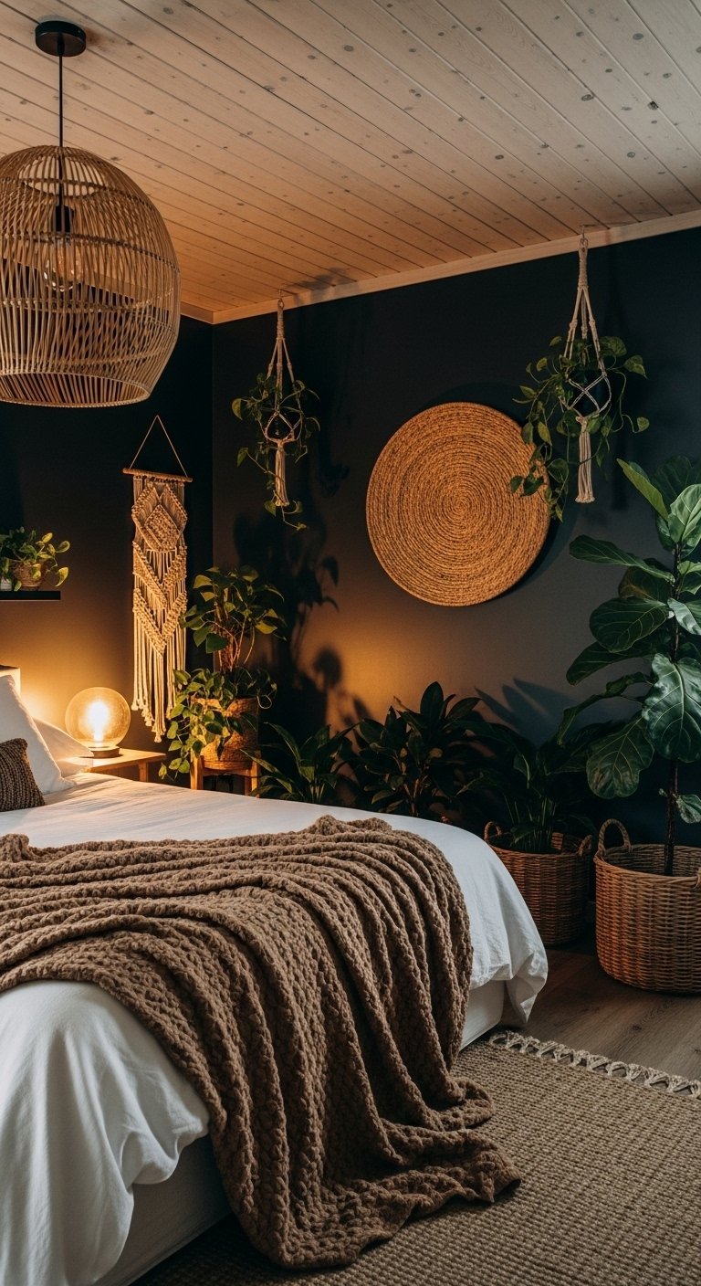 Chambre boheme sombre avec beaucoup de plantes et suspension en rotin