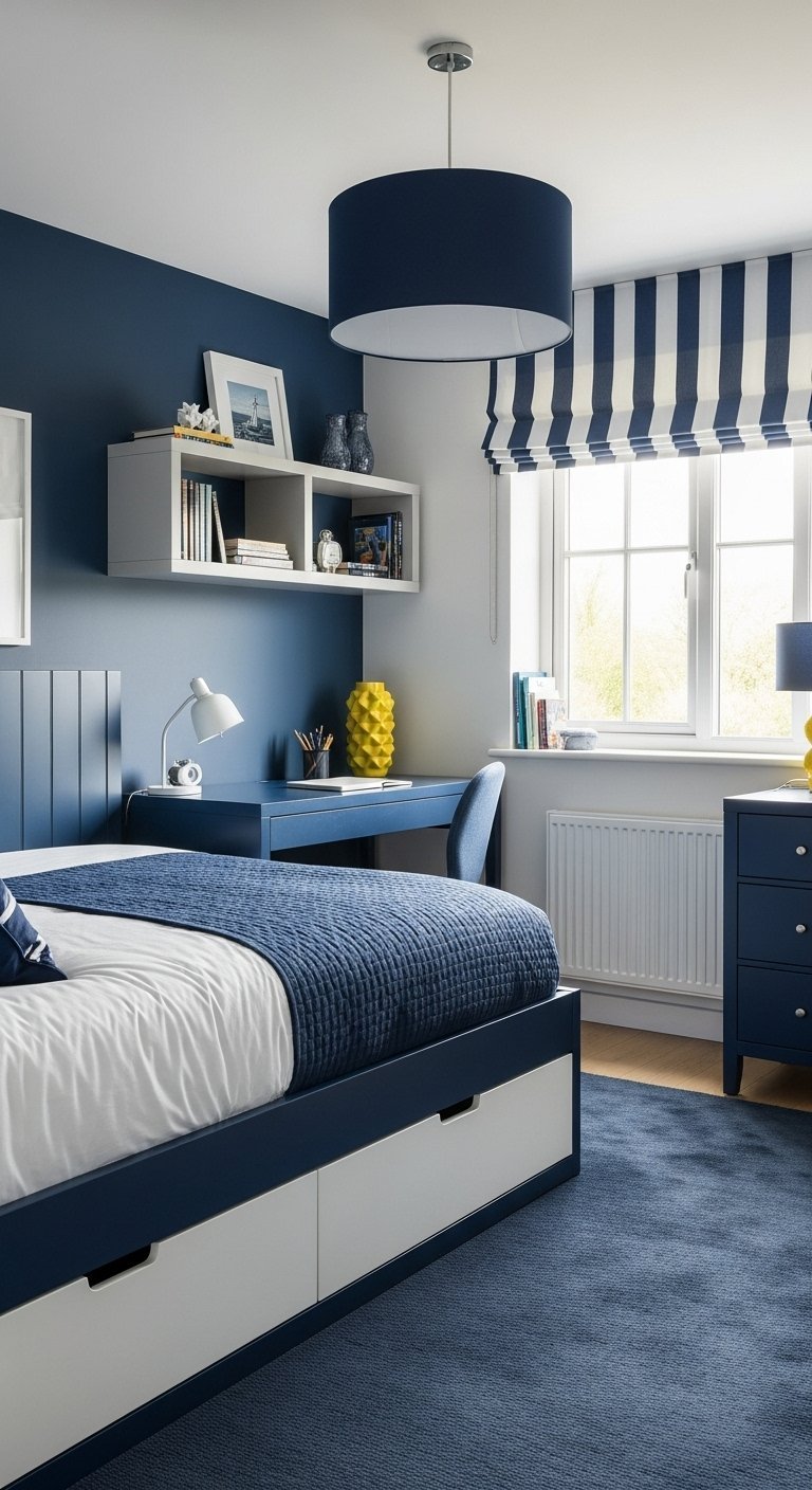 Chambre d ado bleu marine avec bureau assorti et stores à rayures