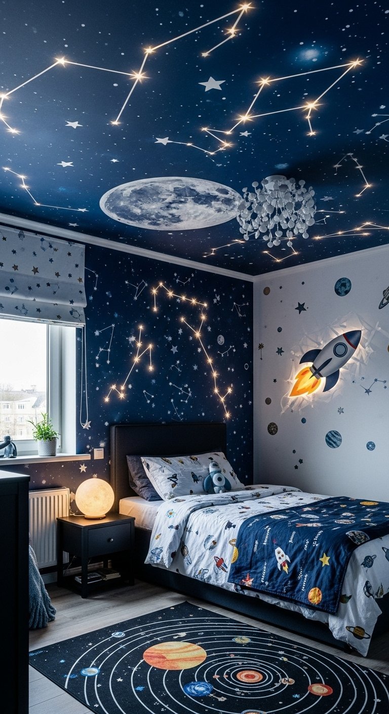 Chambre de garçon avec plafond décoré de constellations lumineuses et murs bleu nuit