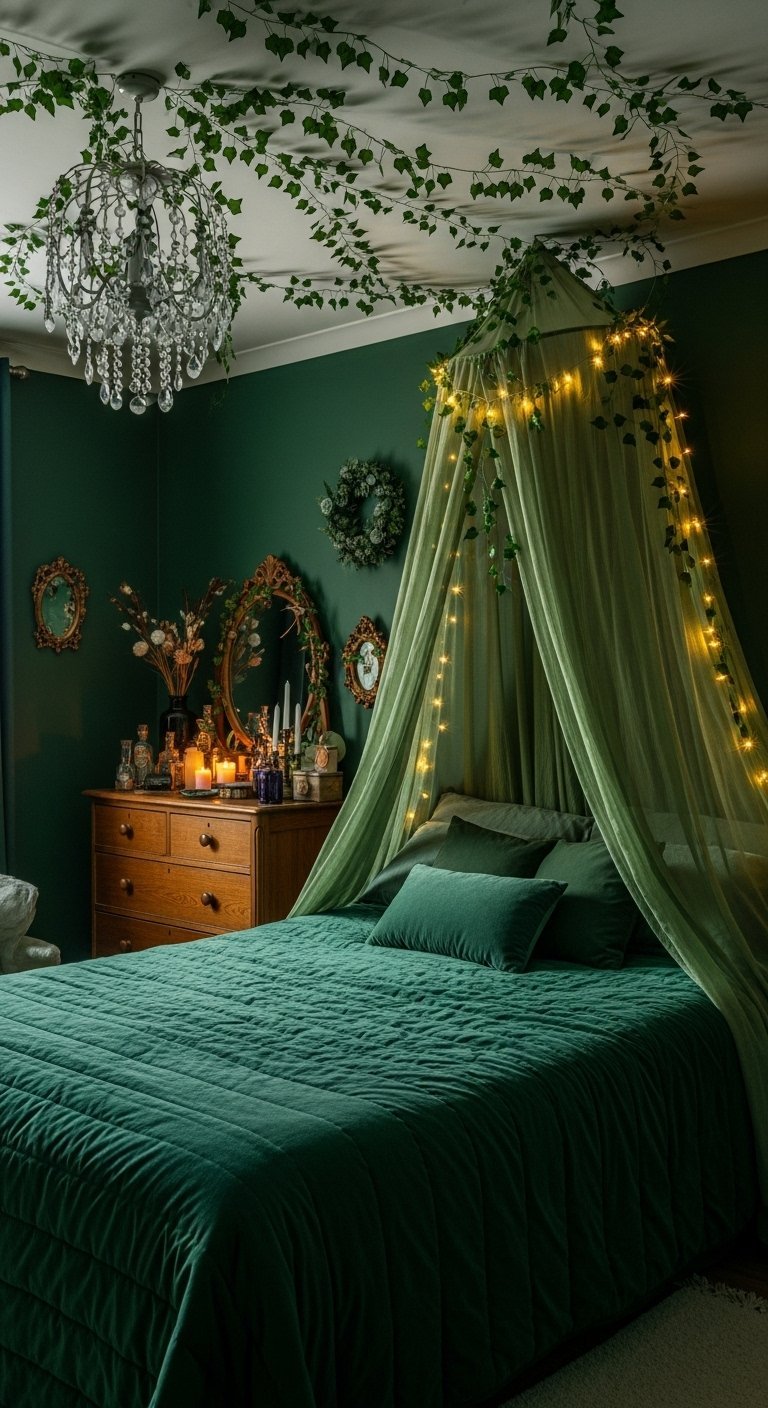 Chambre féerique avec murs vert émeraude et ciel de lit lumineux