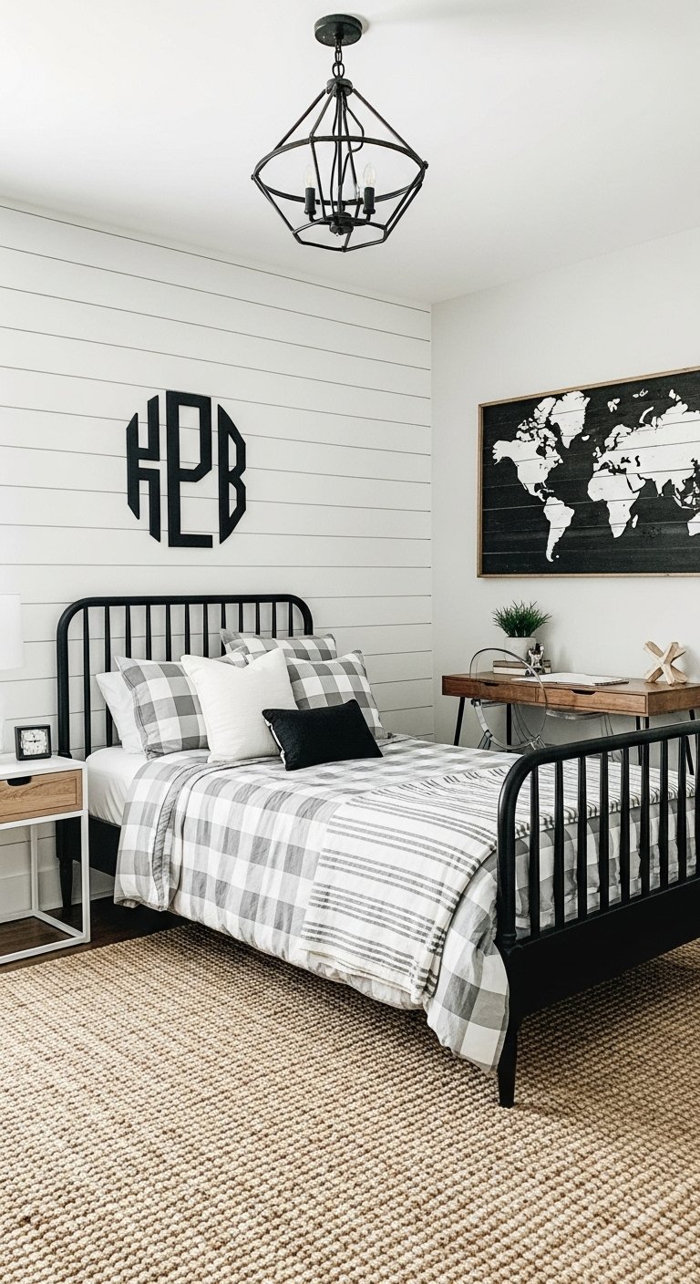 Chambre garcon moderne style farmhouse avec lit metal noir