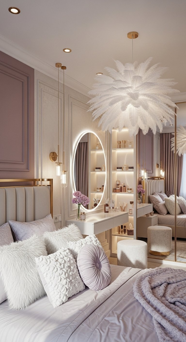 Chambre luxueuse avec coiffeuse intégrée et lustre en plumes blanches