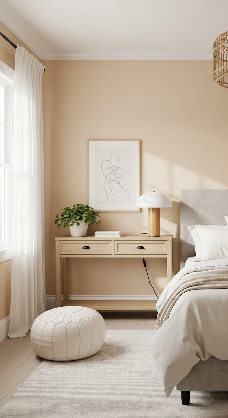 Chambre moderne avec mur couleur peche et bureau en bois clair