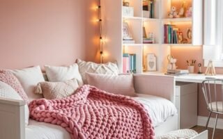 Chambre rose poudré avec un lit banquette blanc à tiroirs et des guirlandes lumineuses