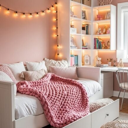 Chambre rose poudré avec un lit banquette blanc à tiroirs et des guirlandes lumineuses