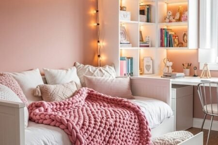 Chambre rose poudré avec un lit banquette blanc à tiroirs et des guirlandes lumineuses