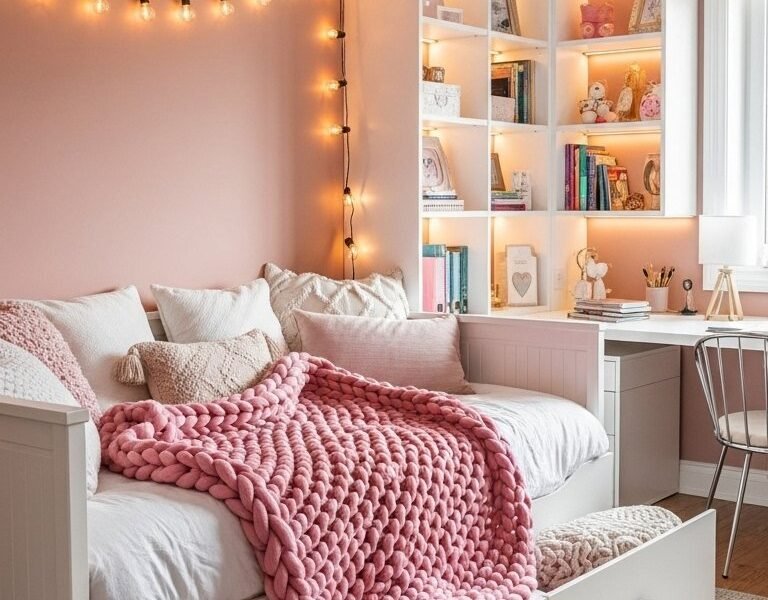 Chambre rose poudré avec un lit banquette blanc à tiroirs et des guirlandes lumineuses