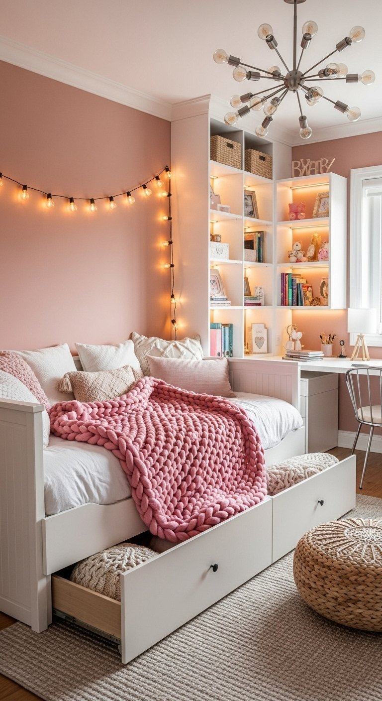 Chambre rose poudré avec un lit banquette blanc à tiroirs et des guirlandes lumineuses