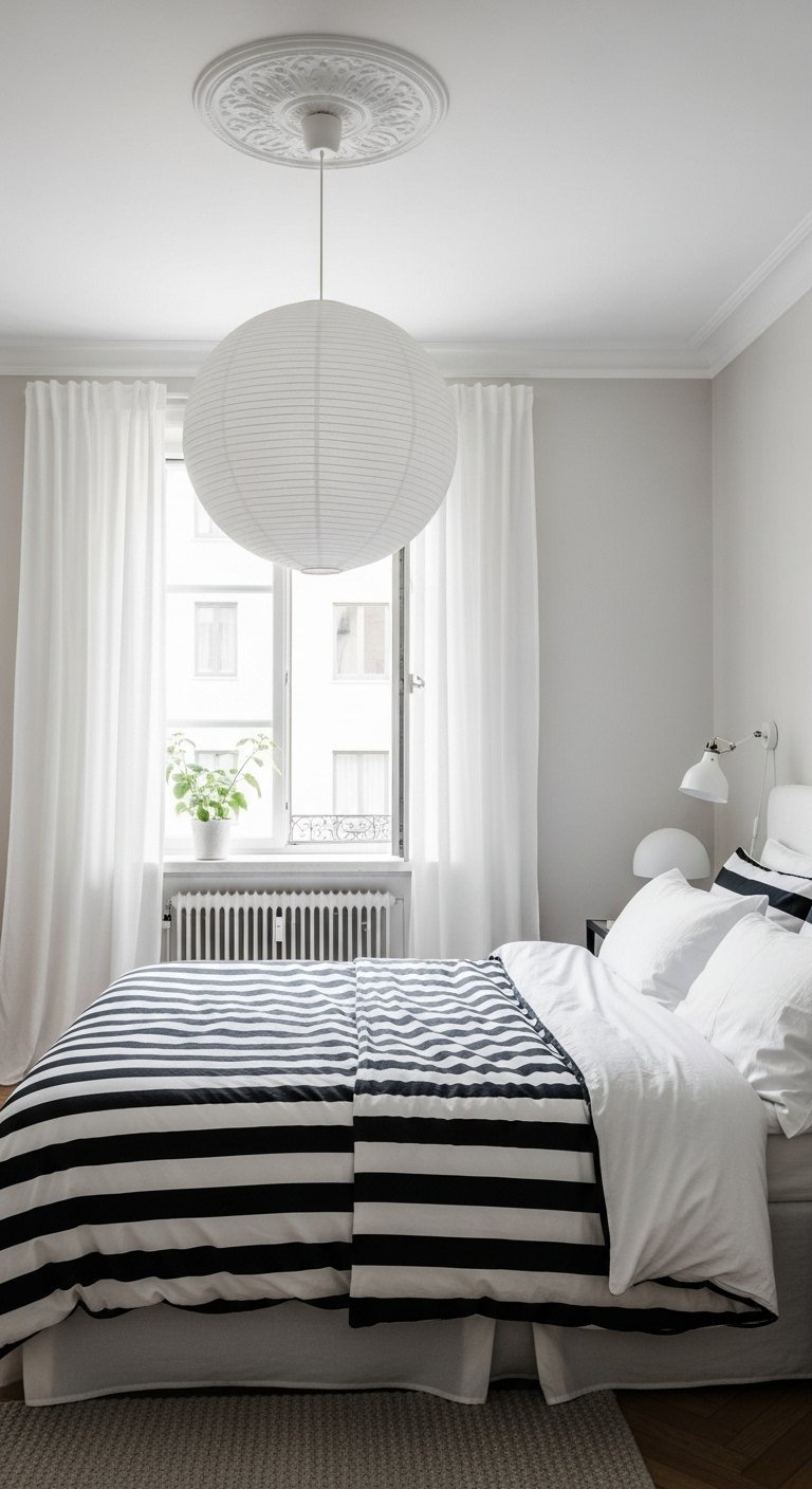 Chambre scandinave minimaliste avec parure de lit à rayures noires et blanches