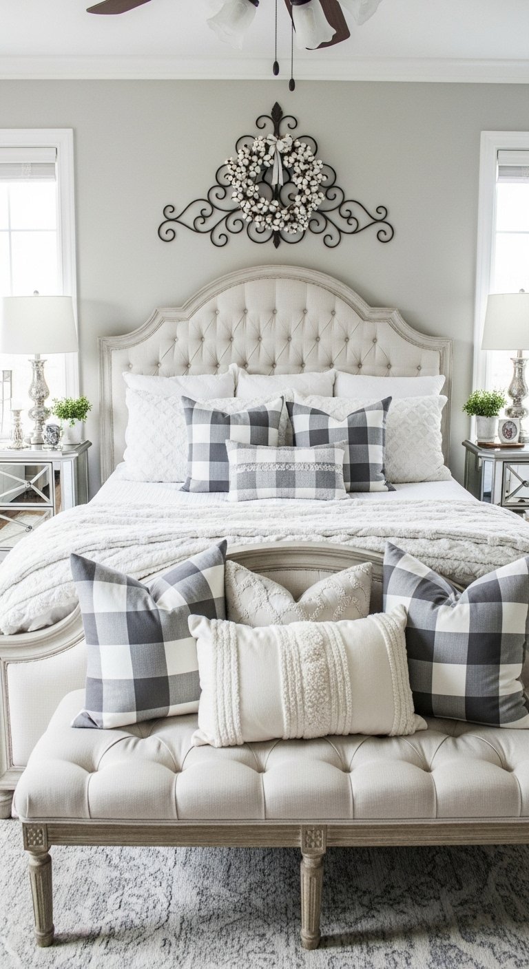 Chambre style farmhouse avec tête de lit capitonnée et coussins à carreaux