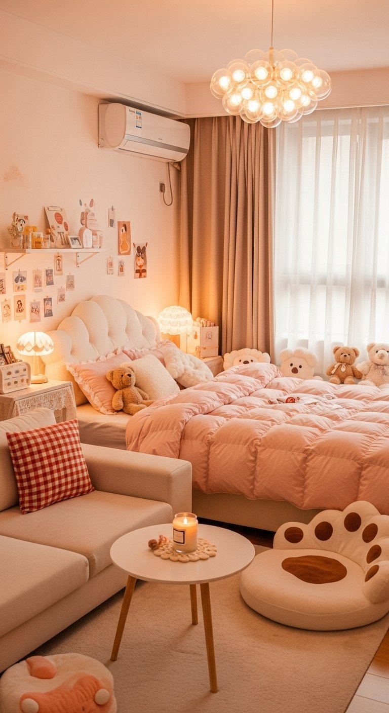 Chambre style kawaii avec des ours en peluche et une tête de lit en nuage