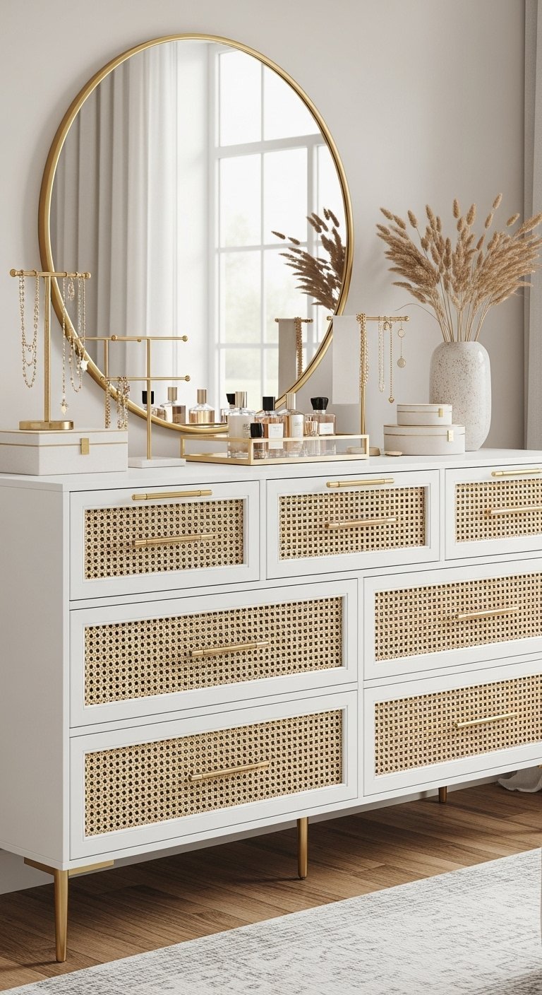 Commode blanche avec sept tiroirs en cannage et détails dorés