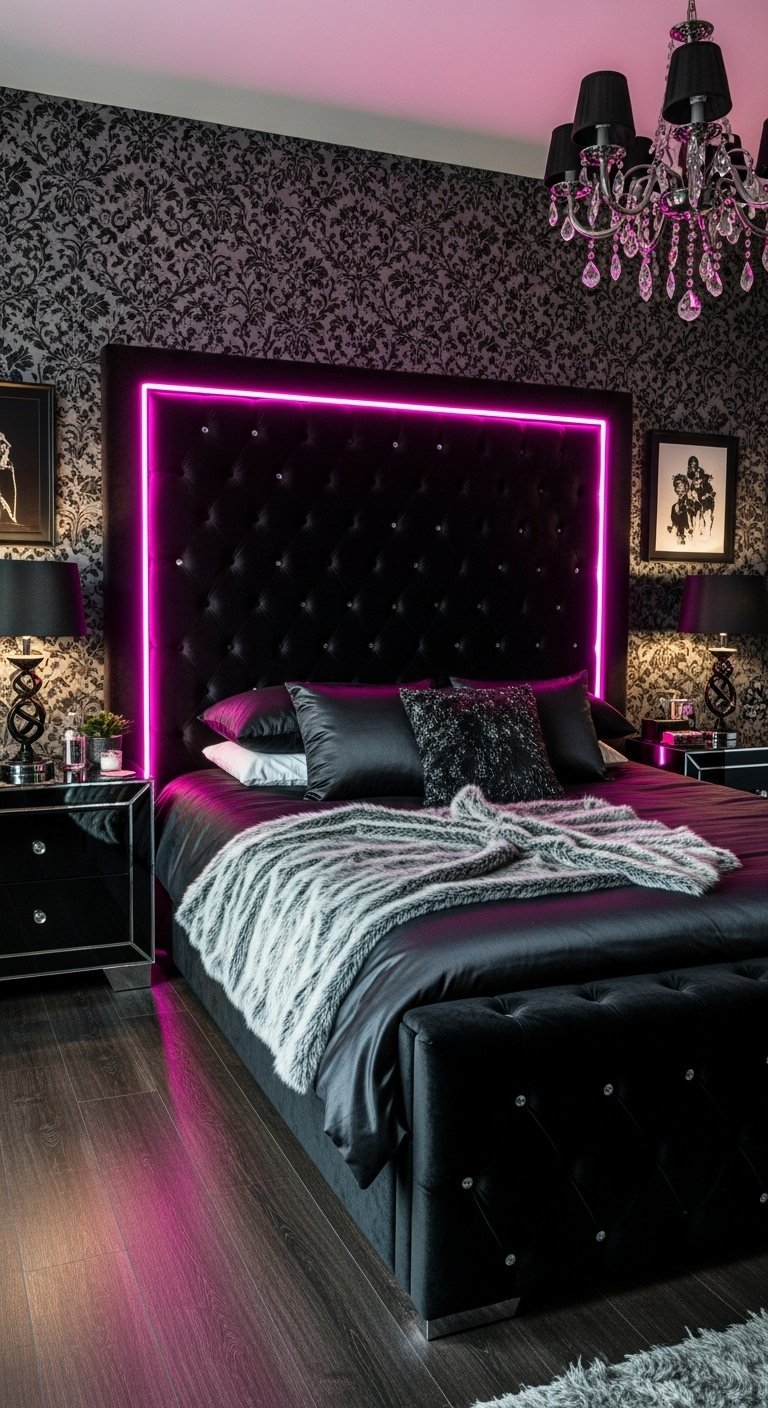 Décoration chambre femme audacieuse avec tête de lit noire à éclairage néon rose