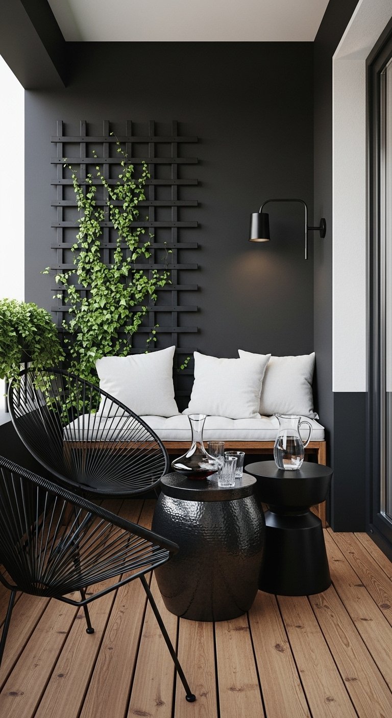 Decoration petit balcon moderne avec mur noir et mobilier en metal noir design