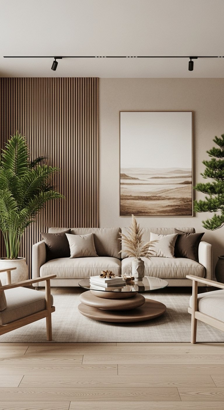 Decoration salon beige moderne avec mur tasseaux bois et grand tableau