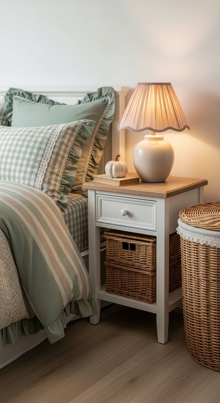 Details de linge de lit campagne chic vert sauge a volants