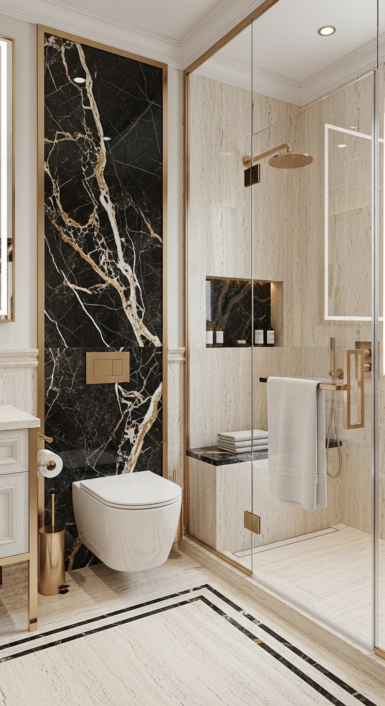 Douche avec panneau en marbre noir et or et robinetterie dorée