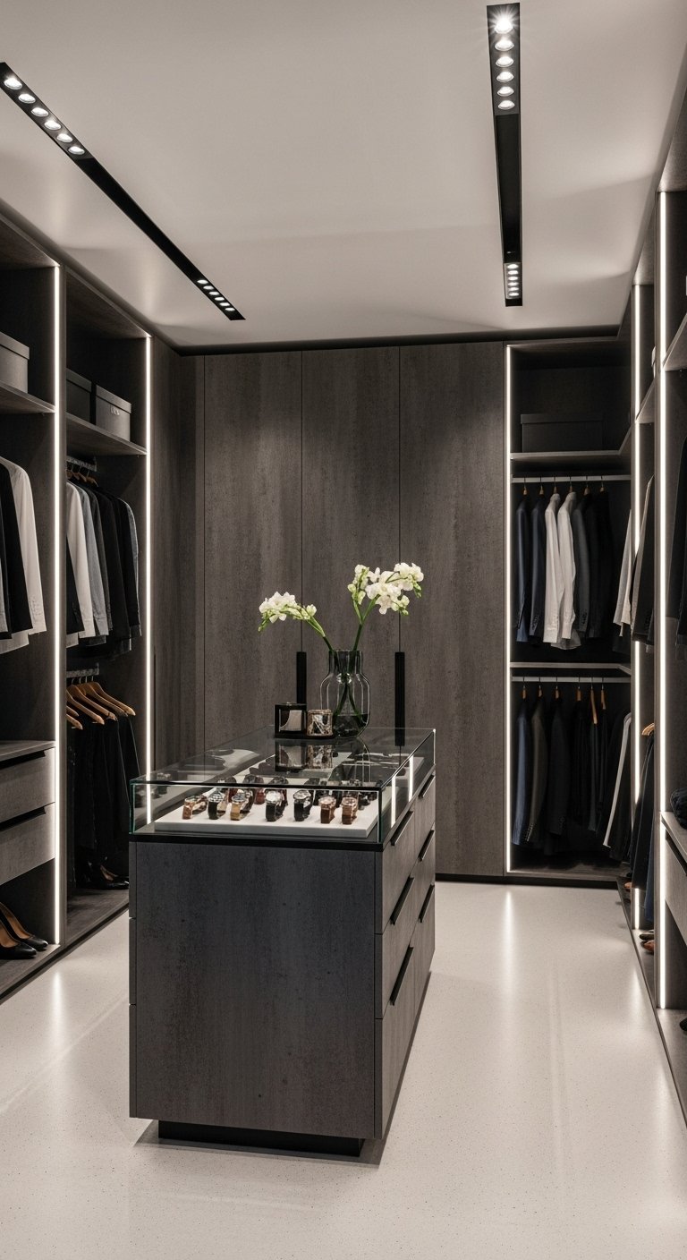 Dressing pour homme en bois gris avec îlot central vitrine pour montres