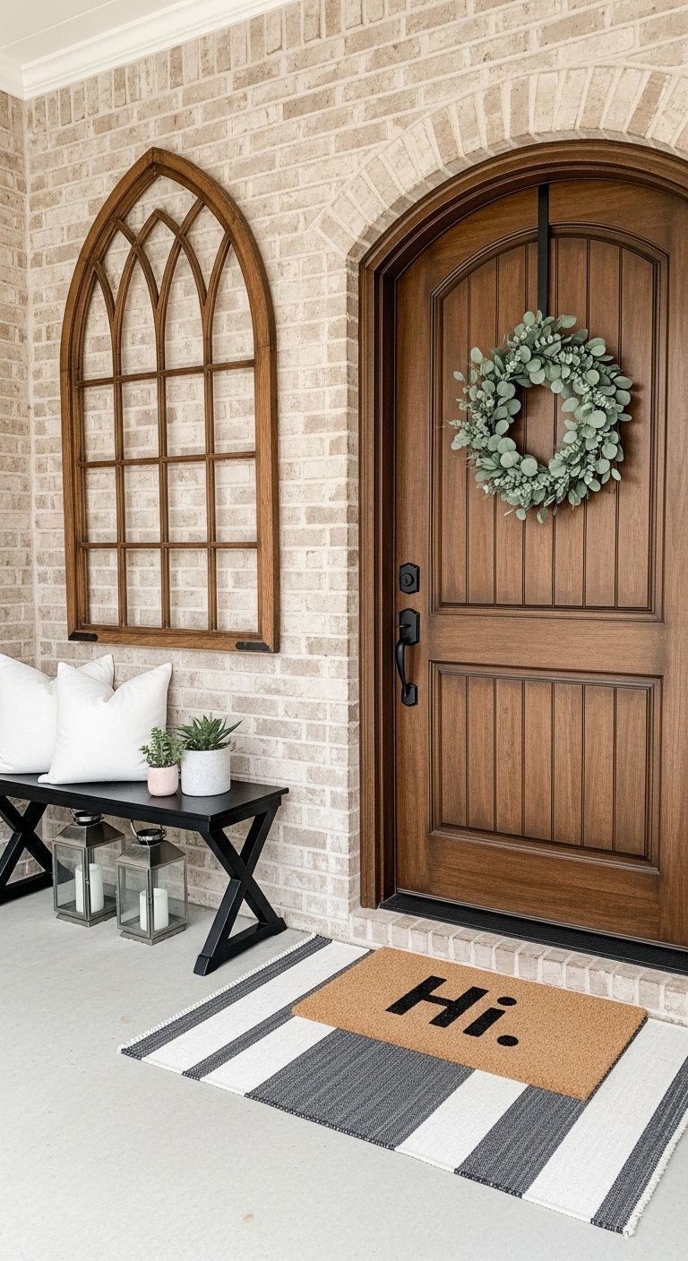 Entree de maison exterieure avec porte corail et mur vegetal de succulentes