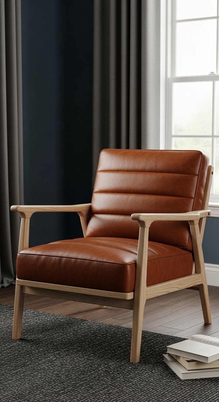 Fauteuil de salon avec une assise en cuir marron et une structure en bois clair