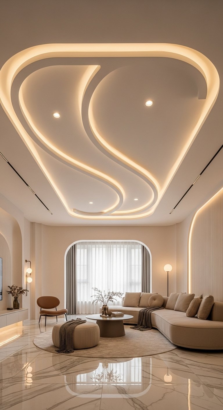 Faux plafond design avec des formes de vagues organiques et éclairage LED intégré