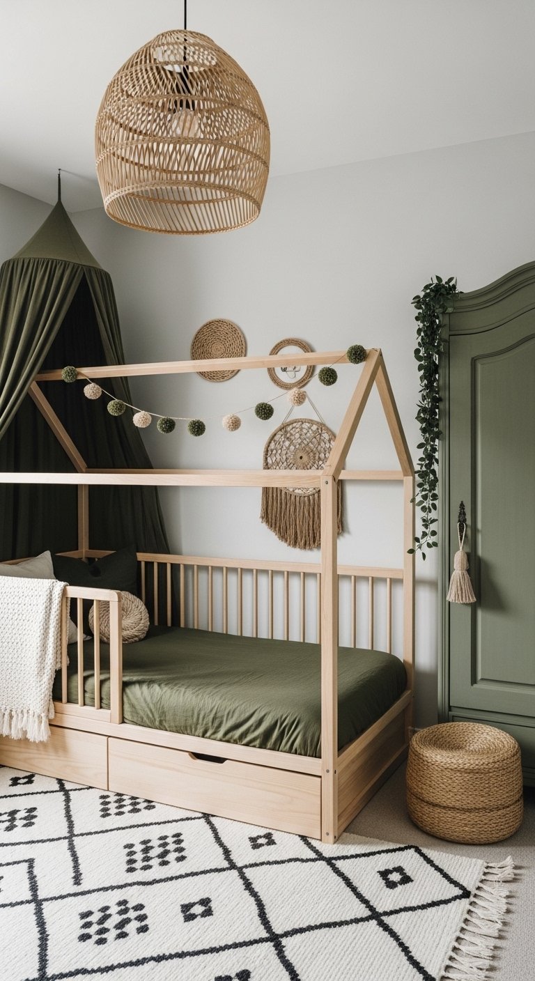 Lit cabane en bois avec parure de lit vert olive et armoire assortie