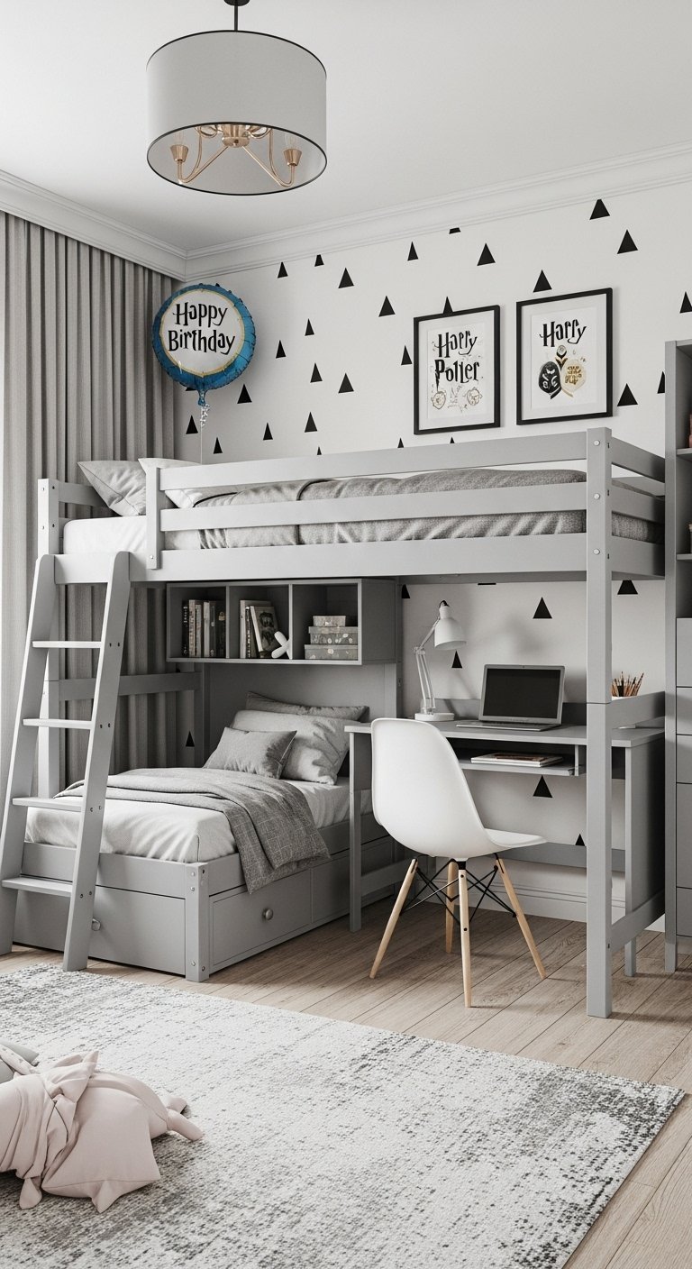 Lit superposé gris avec bureau intégré et échelle pour chambre d enfant
