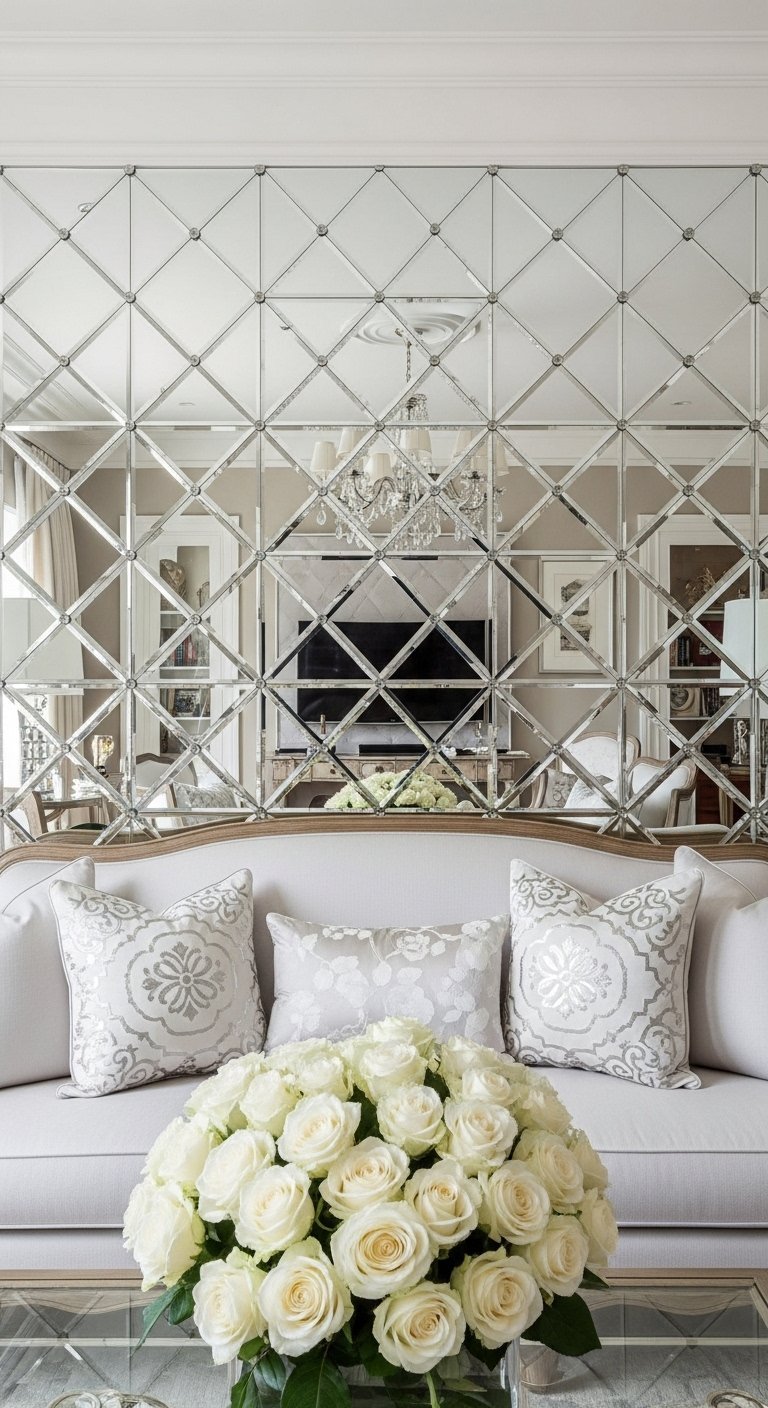 Mur d accent entièrement recouvert de carreaux de miroir en losange derrière un canapé blanc