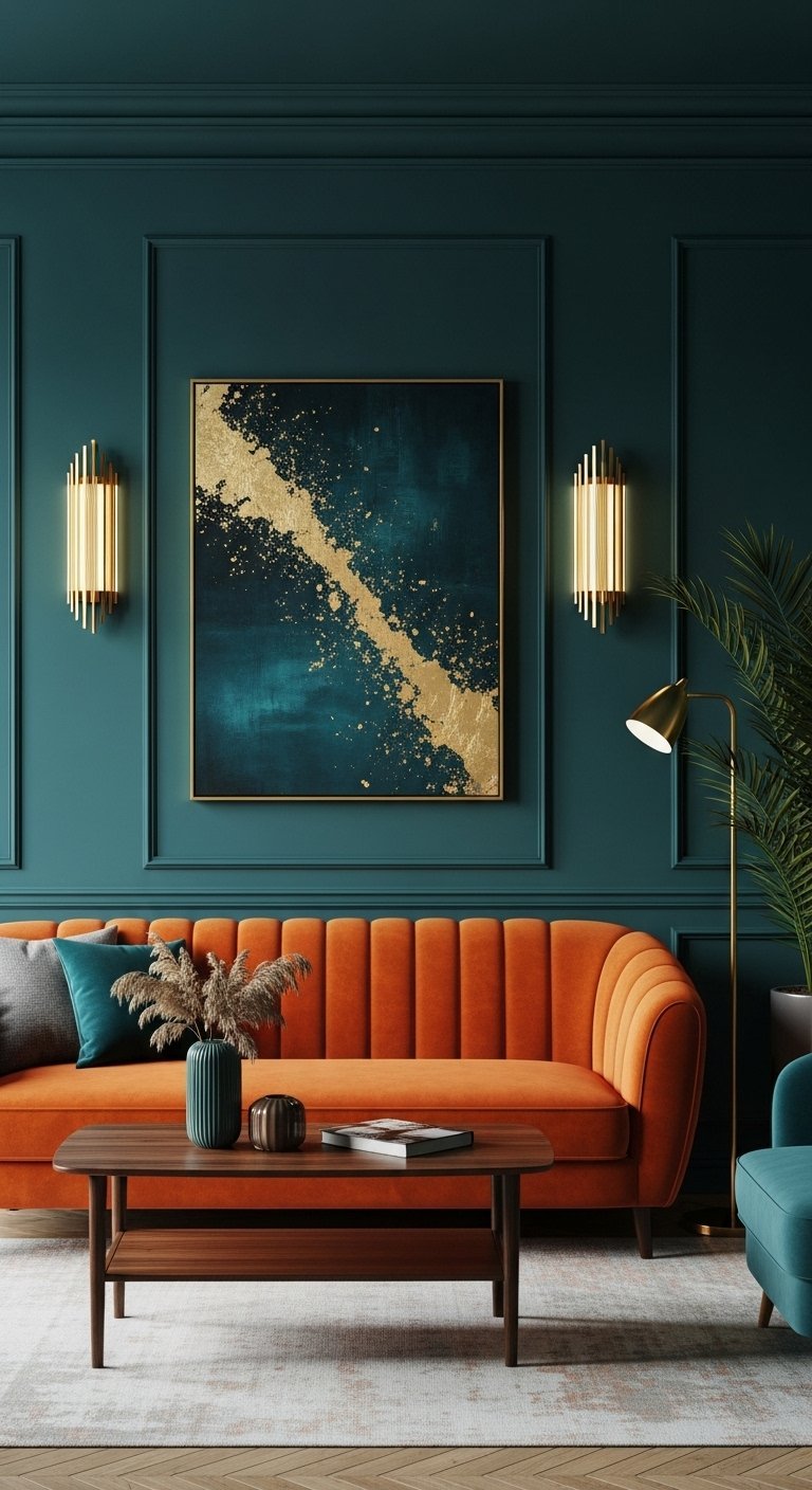 Mur de salon bleu canard fonce avec canape orange brule et tableau dore
