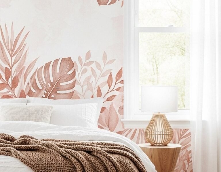 Papier peint a motif de feuilles tropicales dans des tons terracotta dans une chambre boheme