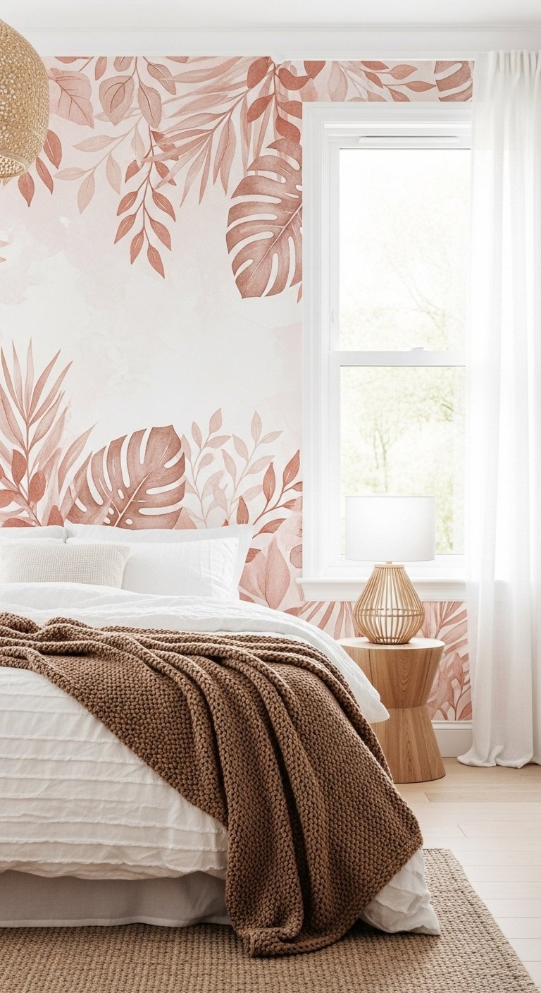 Papier peint a motif de feuilles tropicales dans des tons terracotta dans une chambre boheme
