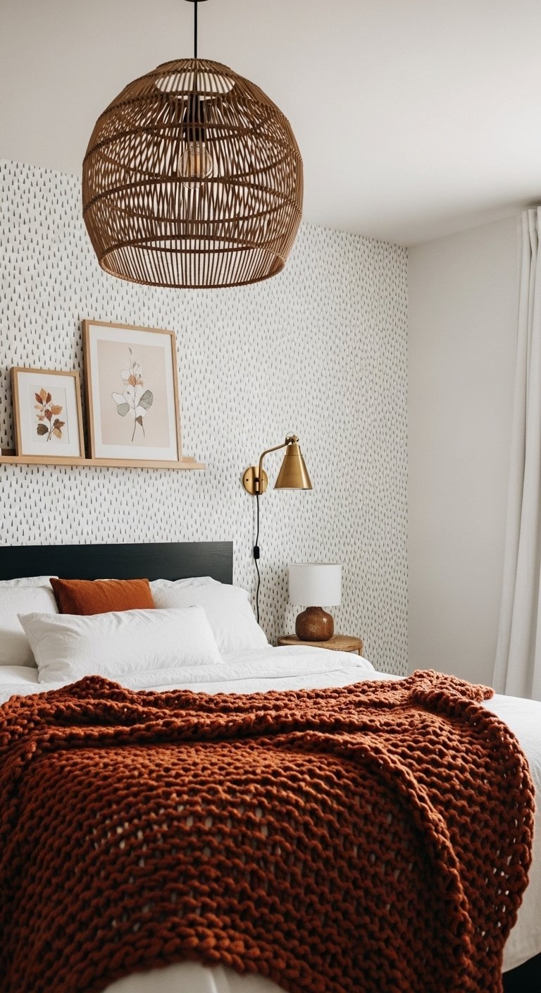 Papier peint blanc a petits traits noirs style minimaliste dans une chambre boheme