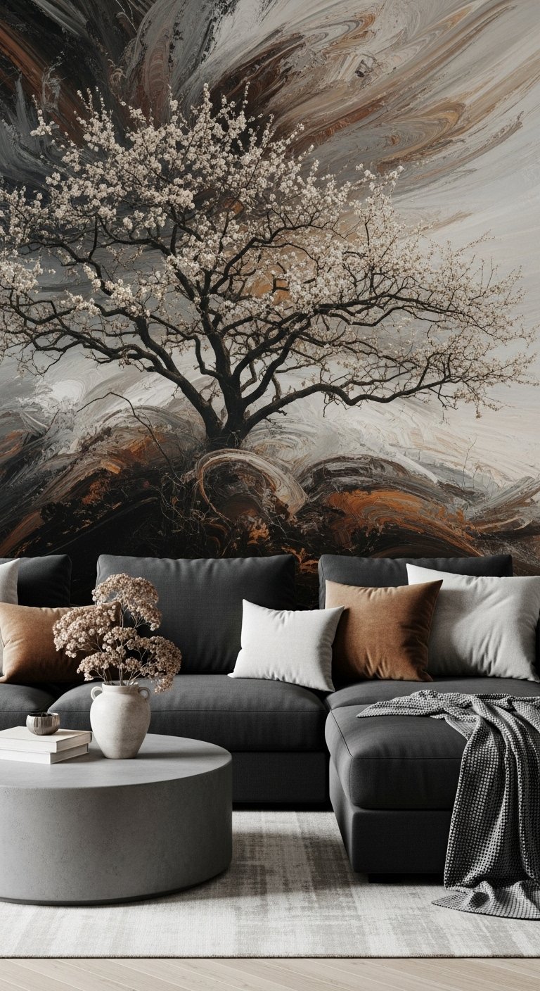 Papier peint panoramique abstrait spectaculaire avec arbre en fleurs