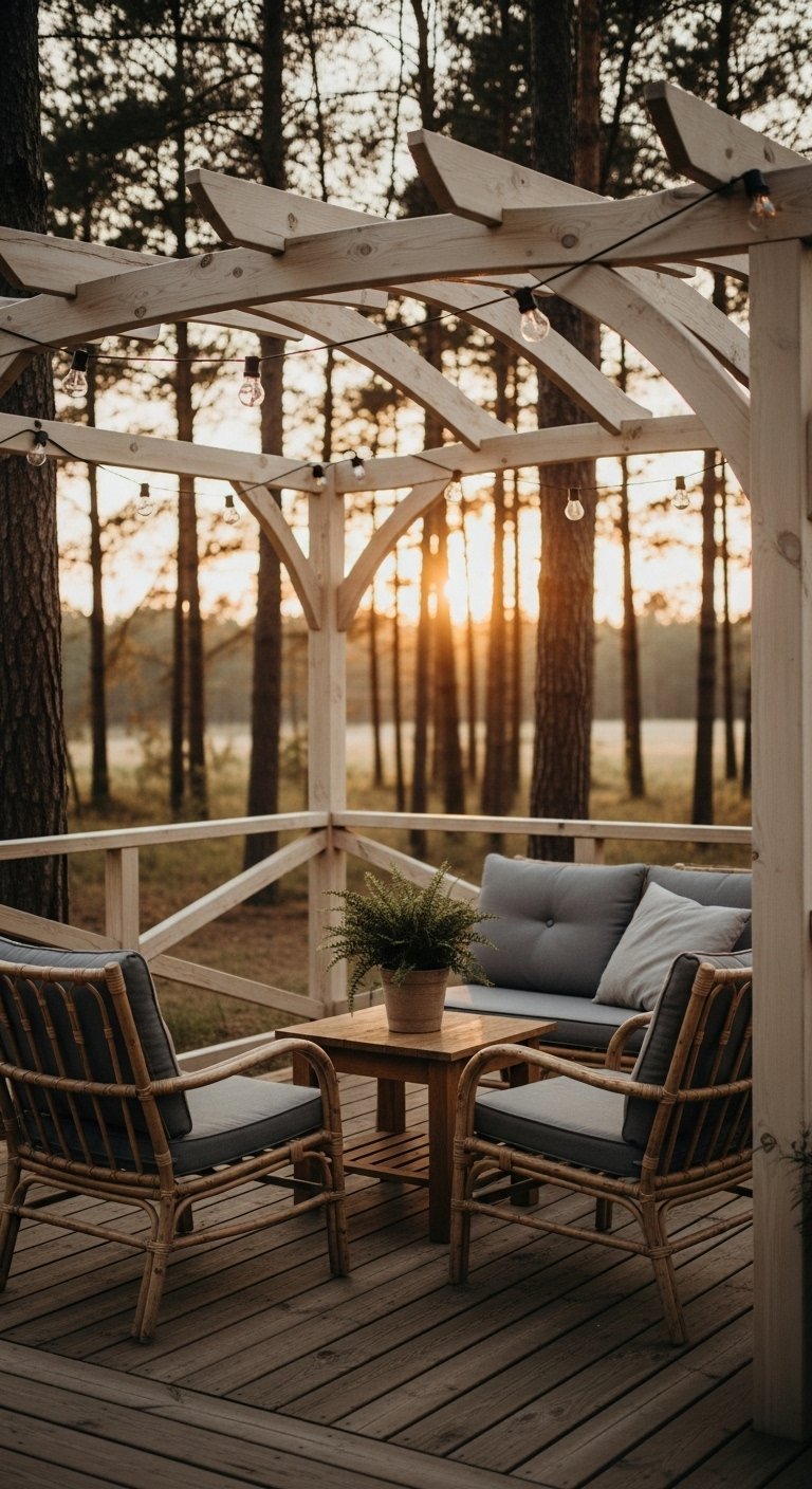 Pergola en bois dans une forêt au coucher du soleil avec un salon en rotin
