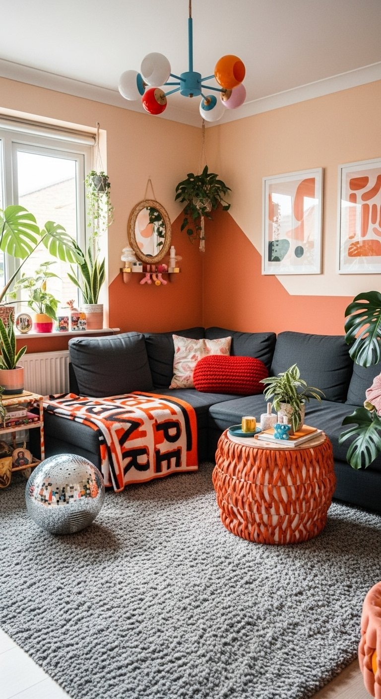 Petit salon coloré avec canapé d angle gris et mur pêche