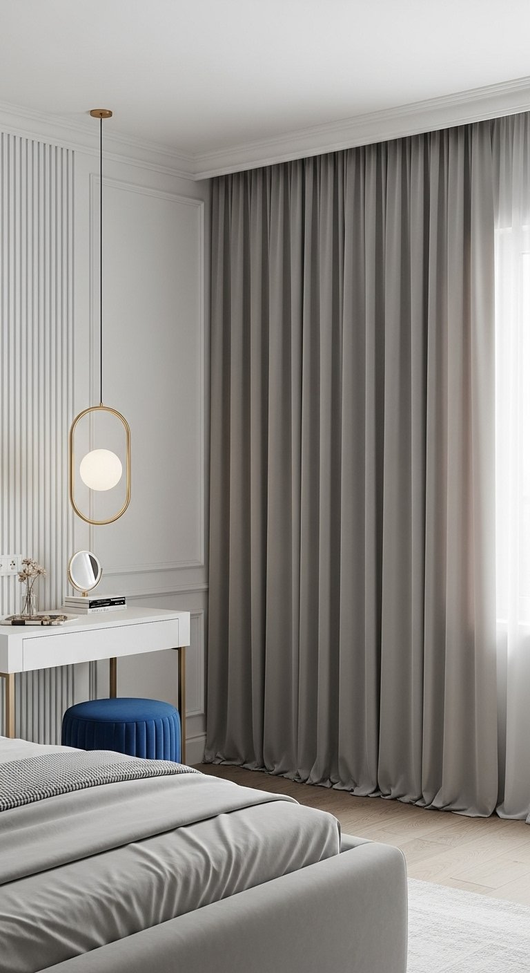 Rideaux occultants gris allant du sol au plafond dans une chambre elegante