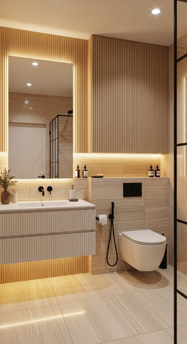 Salle de bain moderne beige avec tasseaux de bois et éclairage LED