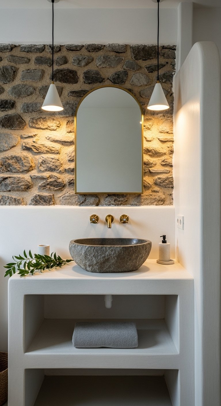 Salle de bain nature style mediterraneen avec vasque en pierre brute