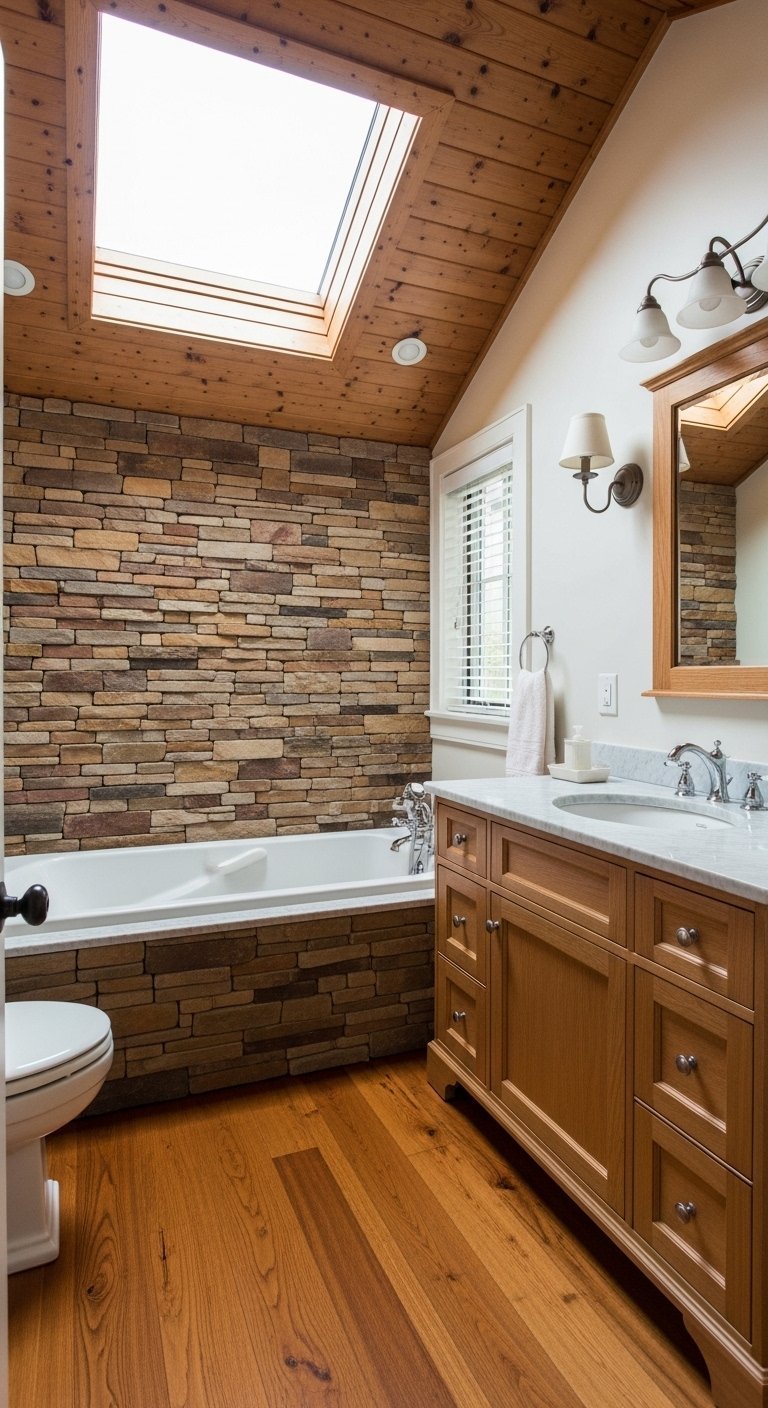 Salle de bains esprit chalet avec plafond en bois mur en pierre et parquet