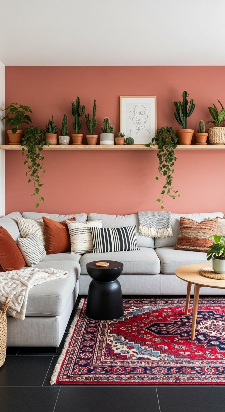 Salon avec mur rose terracotta canape dangle gris et etagere remplie de cactus