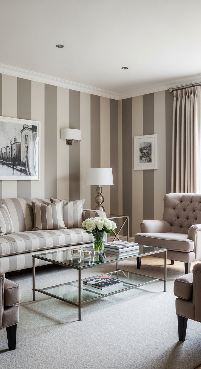 Salon classique avec des murs a rayures verticales beiges