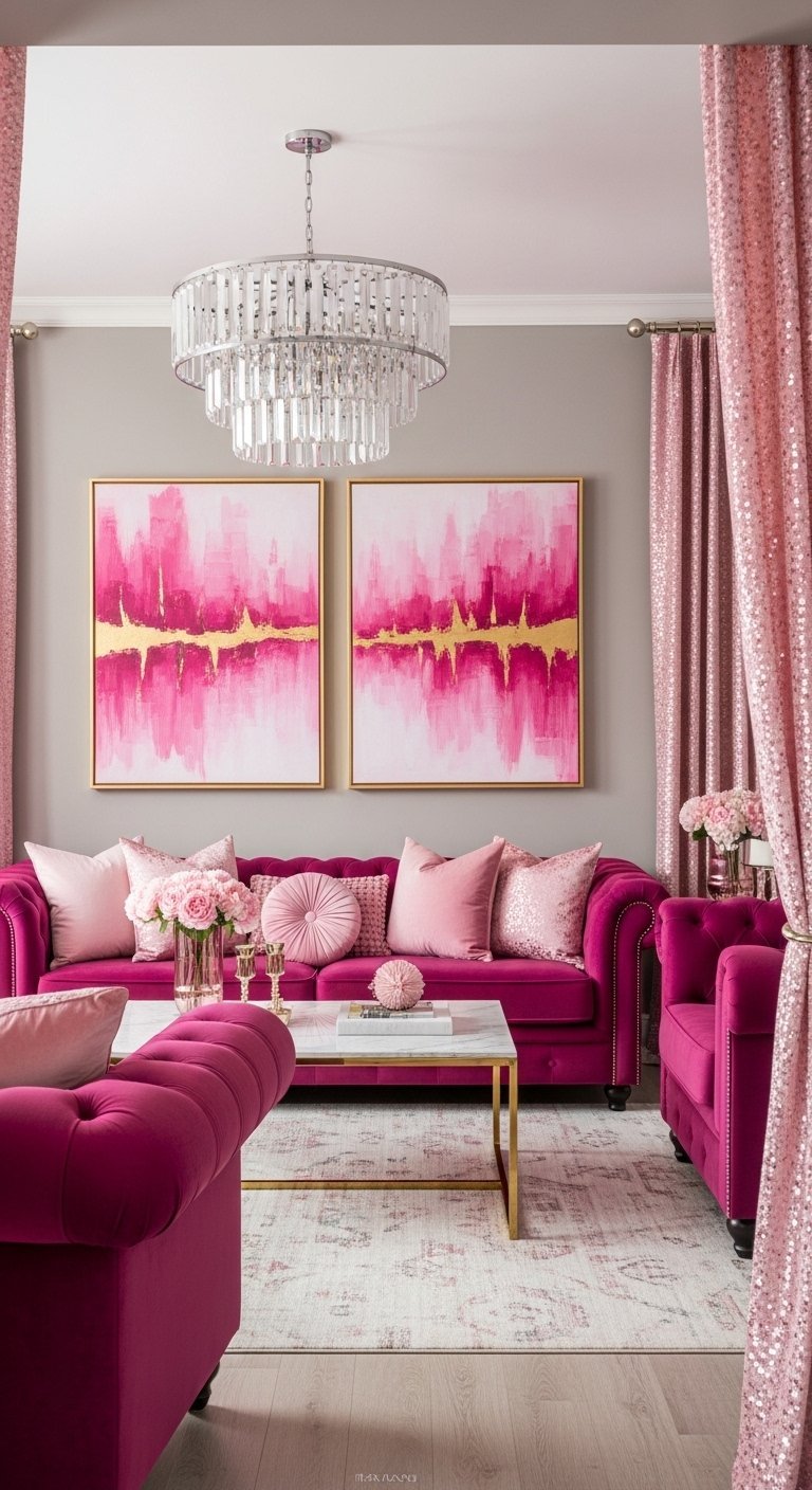 Salon feminin et luxueux avec canape en velours magenta et lustre en cristal
