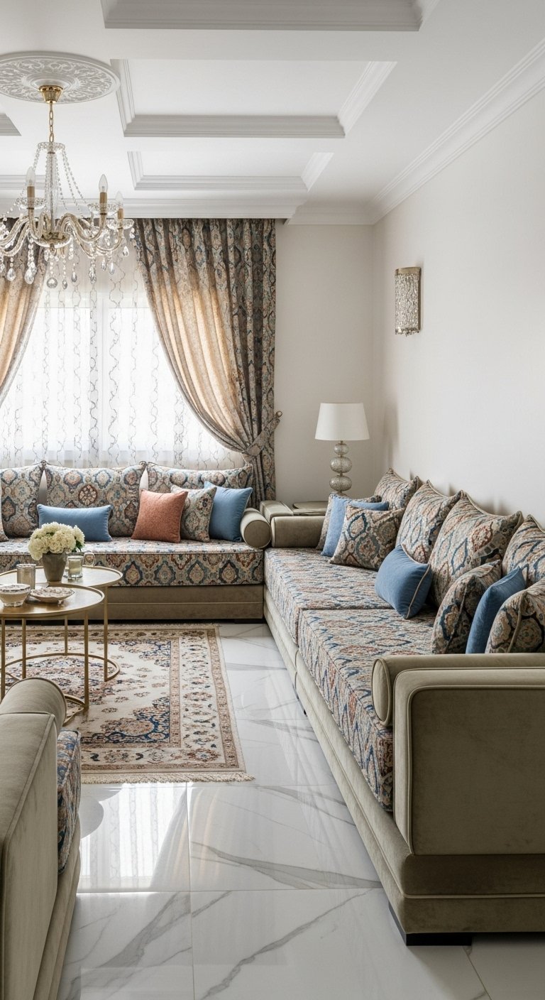 Salon marocain moderne avec sedari à motifs et sol en marbre blanc